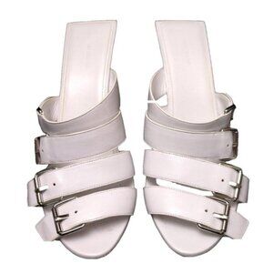 Balenciaga White Buckle Leather Open Toe Mules Stiletto Heel Silver 10 US 40 IT